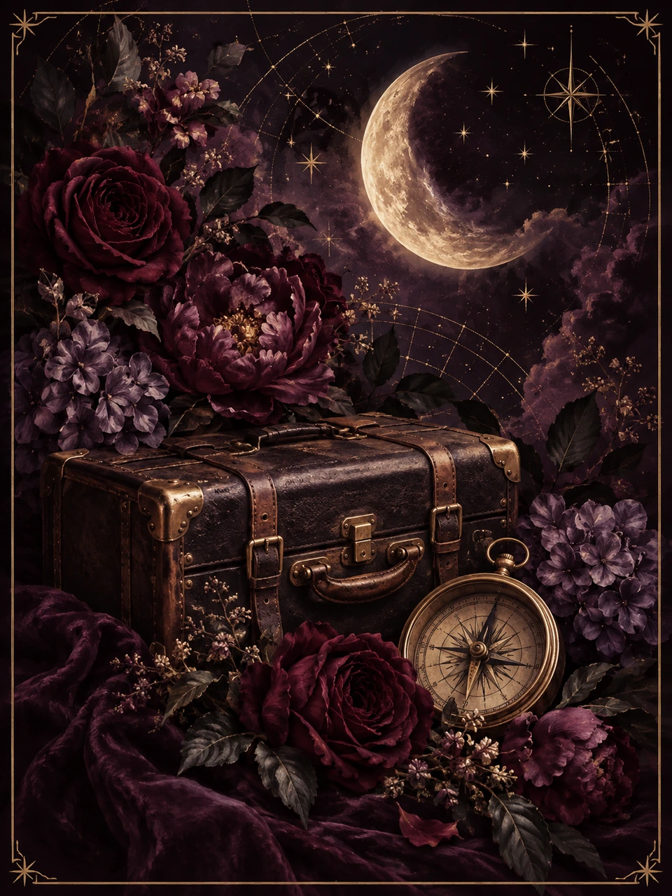 An antique suitcase and compass among plum flowers beneath a golden crescent moon.